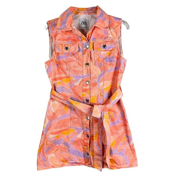 ZARA Colourful Peach Purple Printed Denim Button Up Dress Size Medium - Picture 2 of 13